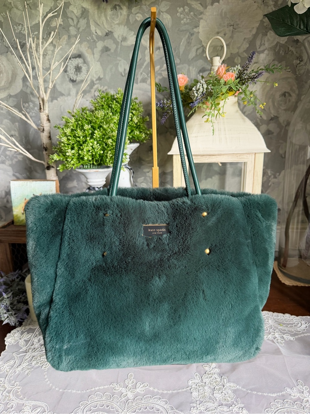 Kate Spade New York Emerald Green Faux Fur Tote Bag Purse with Leather Handles